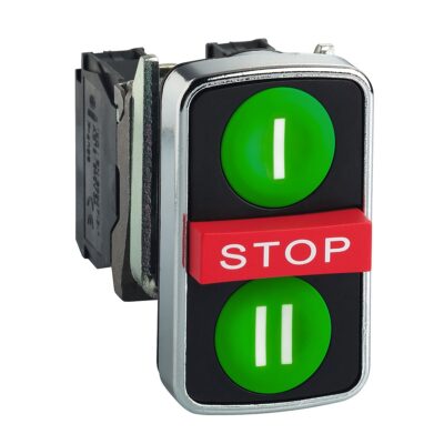 Upušteno zeleno, istaknuto crveno, upušteno zeleno tipkalo s  3 glave, promjera 22, 2R i 1M kontakt