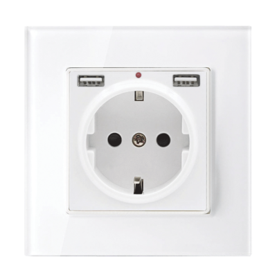 GERMAN TYPE SOCKET 16A 2XUSB GLASS FRAME WH+C. BOX