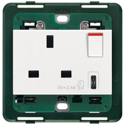 Utikač 2P+T 13A BS+int. crvena+USB C bijela