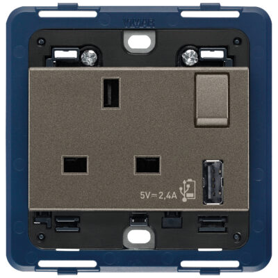 Utikač 2P+T 13A BS+int. crveno+USB A metalni