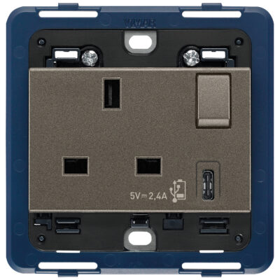 Utikač 2P+T 13A BS+int. crveno+USB C Metal