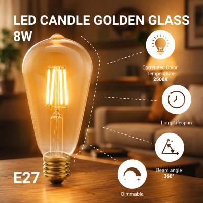 LED CANDLE ST64 8W 700LM 2500K E27 220-240V GOLDEN GLASS – DIMMABLE