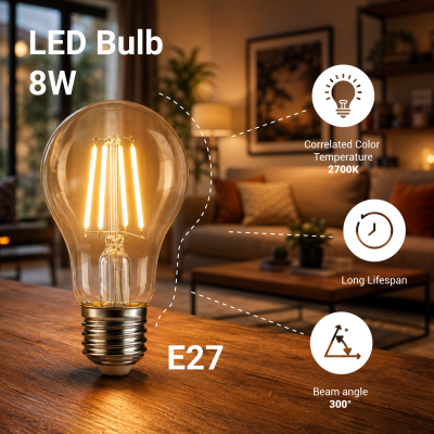 LED BULB A60 8W 810LM E27 220-240V 2700K FILAMENT CLEAR GLASS DIMMABLE