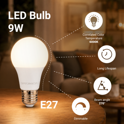 LED BULB E27 A60 9W 806LM 220-240V 6000K – DIMMABLE – NEW