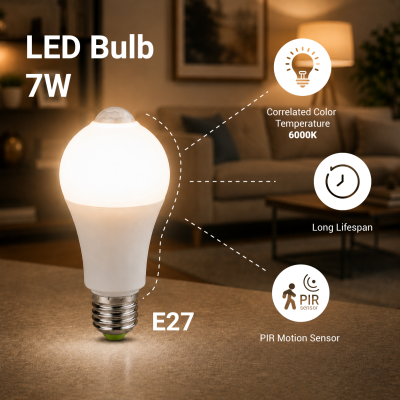 LED BULB+SENSOR E27 A60 7W 560LM 220-240V 6000K – NEW