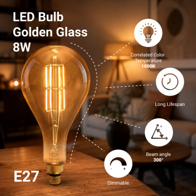 LED BULB PS160 8W 810LM 1800K AC220-240V E27 GOLDEN GLASS DIMMABLE