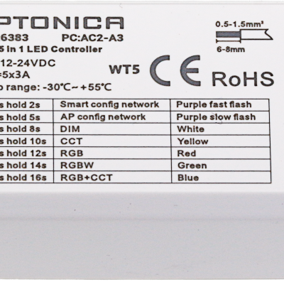 TUYA & RF 5in1 CONTROLLER 12-24VDC 3A*5CH MAX15A 180W/360W(12/24V)