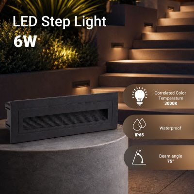 LED STEP LIGHT SQUARE BLACK 6W 480LM 3000K AC220-240V IP65 – NEW