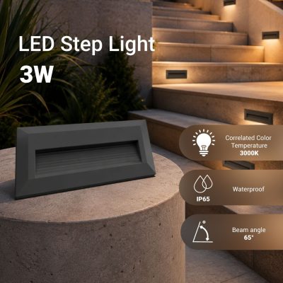 LED STEP LIGHT RECTANGULAR BLACK 3W 3000K 100LM AC220-240V IP