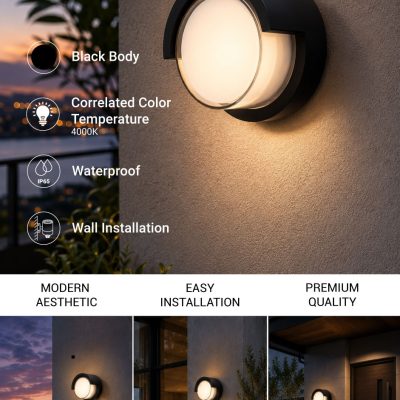 LED WALL LIGHT ROUND BLACK 12W 4200K 70LM/W AC220-240V IP