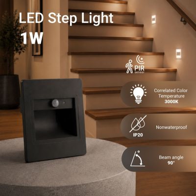 LED STEP LIGHT SQUARE 1W 80LM/W 3000K AC220-240V IP20 GREY + SENSOR