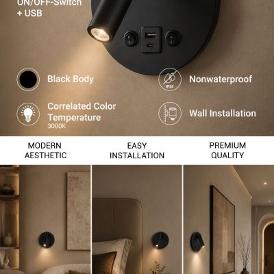LED WALL LIGHT 8W IP20 WITH ON/OFF-SWITCH + USB BLACK 3000K
