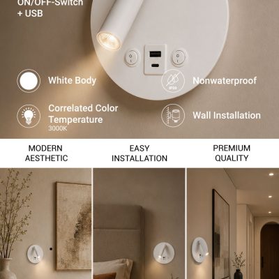 LED WALL LIGHT 8W IP20 WITH ON/OFF-SWITCH + USB WHITE 3000K