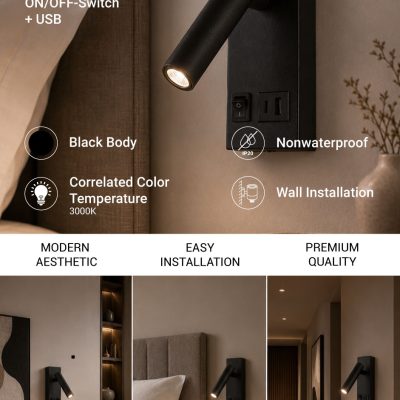 LED CABINET LIGHT 2W IP20 WITH ON/OFF-SWITCH + USB BLACK 3000K
