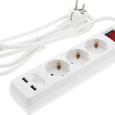 POWER STRIP 3 SOCKETS+SWITCH+2USB(2.1A TOTAL) H05VV-F3G1.5mm-1.5M, 16A, 250V, Max3500W – WHITE