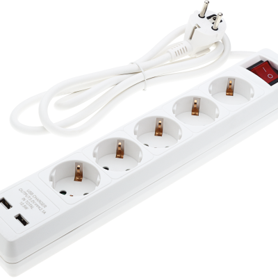 POWER STRIP 5 SOCKETS+SWITCH+2USB(2.1A TOTAL) H05VV-F3G1.5mm-1.5M, 16A, 250V, Max3500W – WHITE