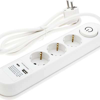POWER STRIP 3 SOCKETS+SWITCH+USB-A(1A)+USB-C(PD18W) H05VV-F3G1.5mm-1.5M, 16A, 250V, Max3500W