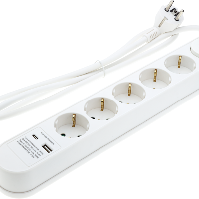 POWER STRIP 5 SOCKETS+SWITCH+USB-A(1A)+USB-C(PD18W) H05VV-F3G1.5mm-1.5M, 16A, 250V, Max3500W