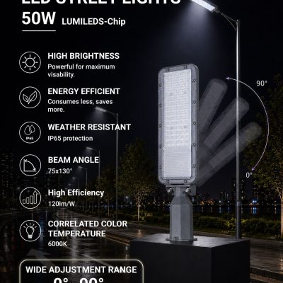 LED STREET LIGHT 50W LUMILEDS-CHIP 180-265V 120LM/W IP65 75×130° 6000K GREY BODY
